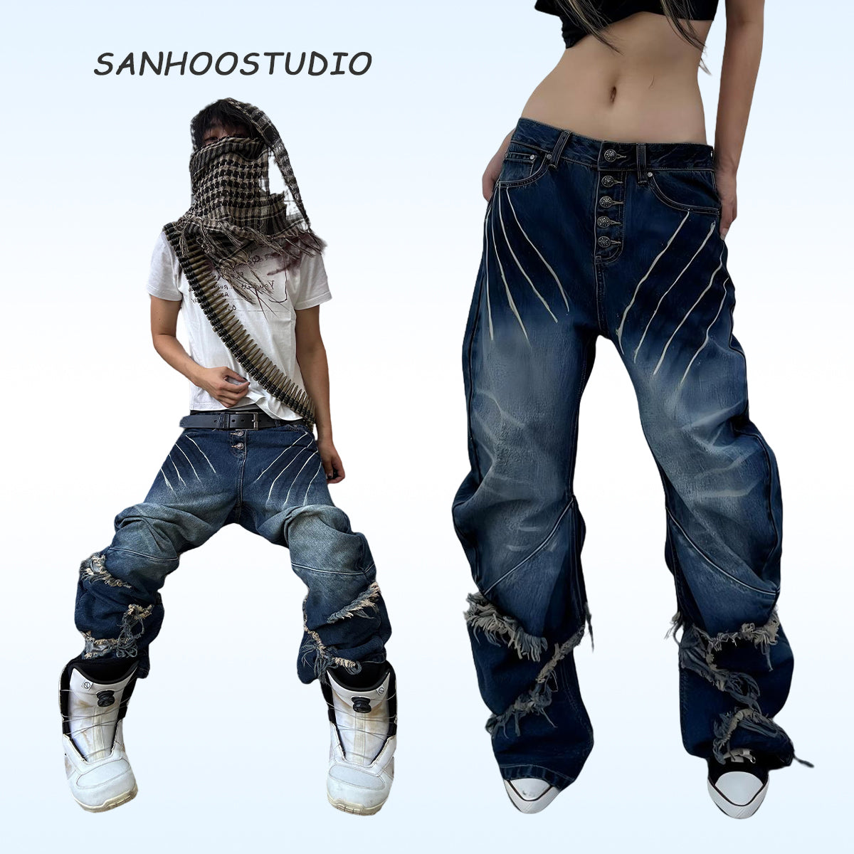 Sanhoostudio’s distressed claw-scratch denim scimitar pants feature washed patchwork craftsmanship, a loose fit, and slight stretch for comfort. Designed in blue-black denim, they bring an edgy streetwear vibe to any casual or punk-inspired outfit.