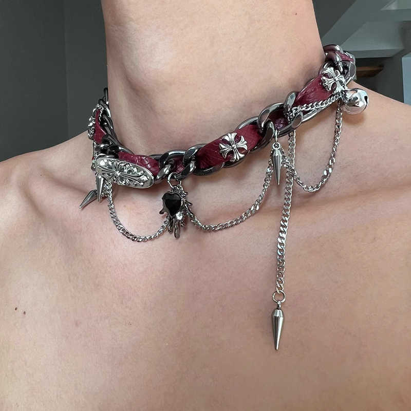Y2K Wrap Studded Metal Leather Necklace