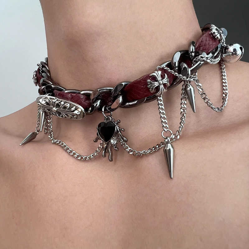 Y2K Wrap Studded Metal Leather Necklace