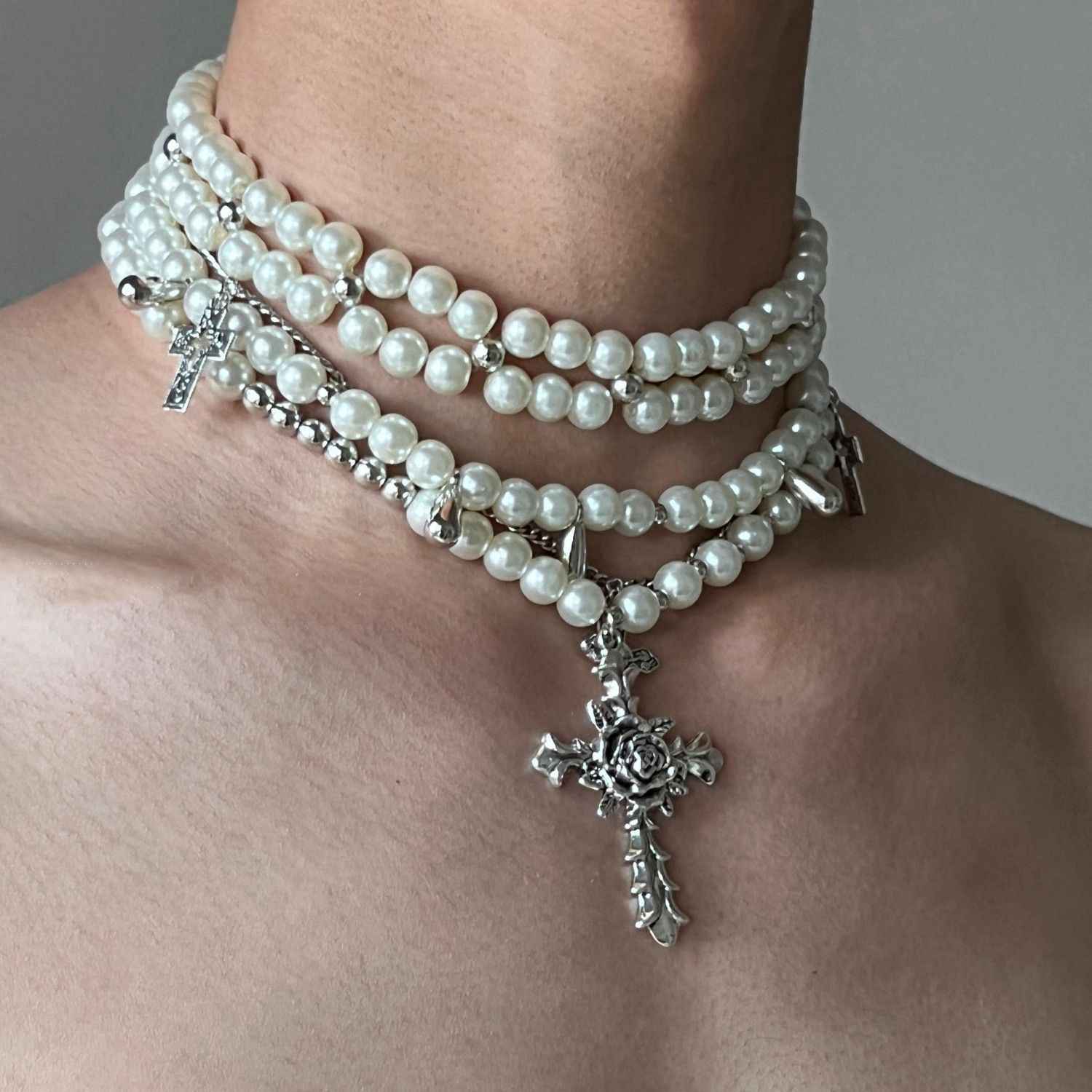 Pearl Layered Cross Necklace