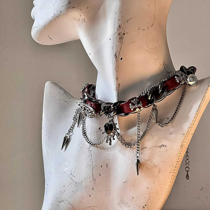 Y2K Wrap Studded Metal Leather Necklace