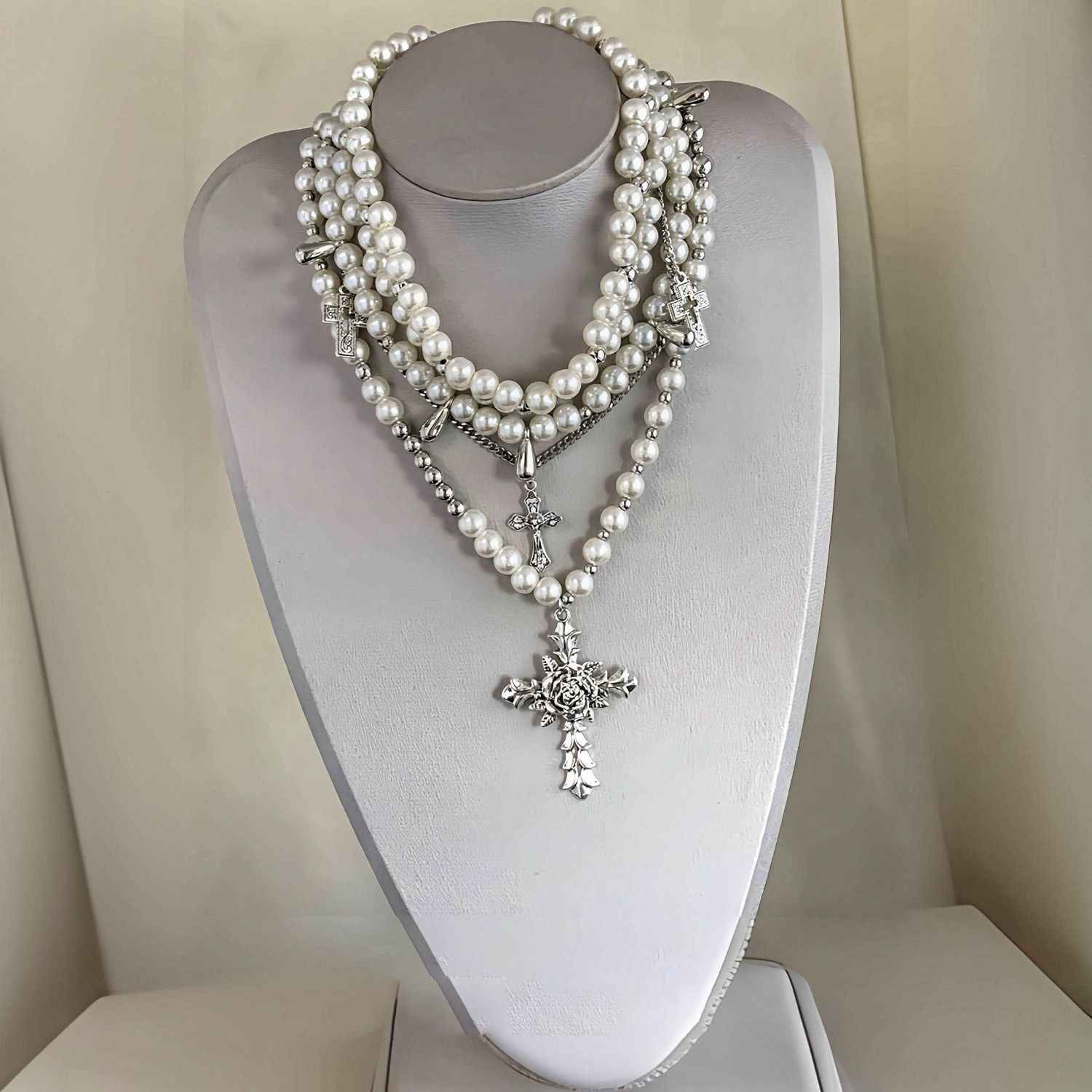 Pearl Layered Cross Necklace
