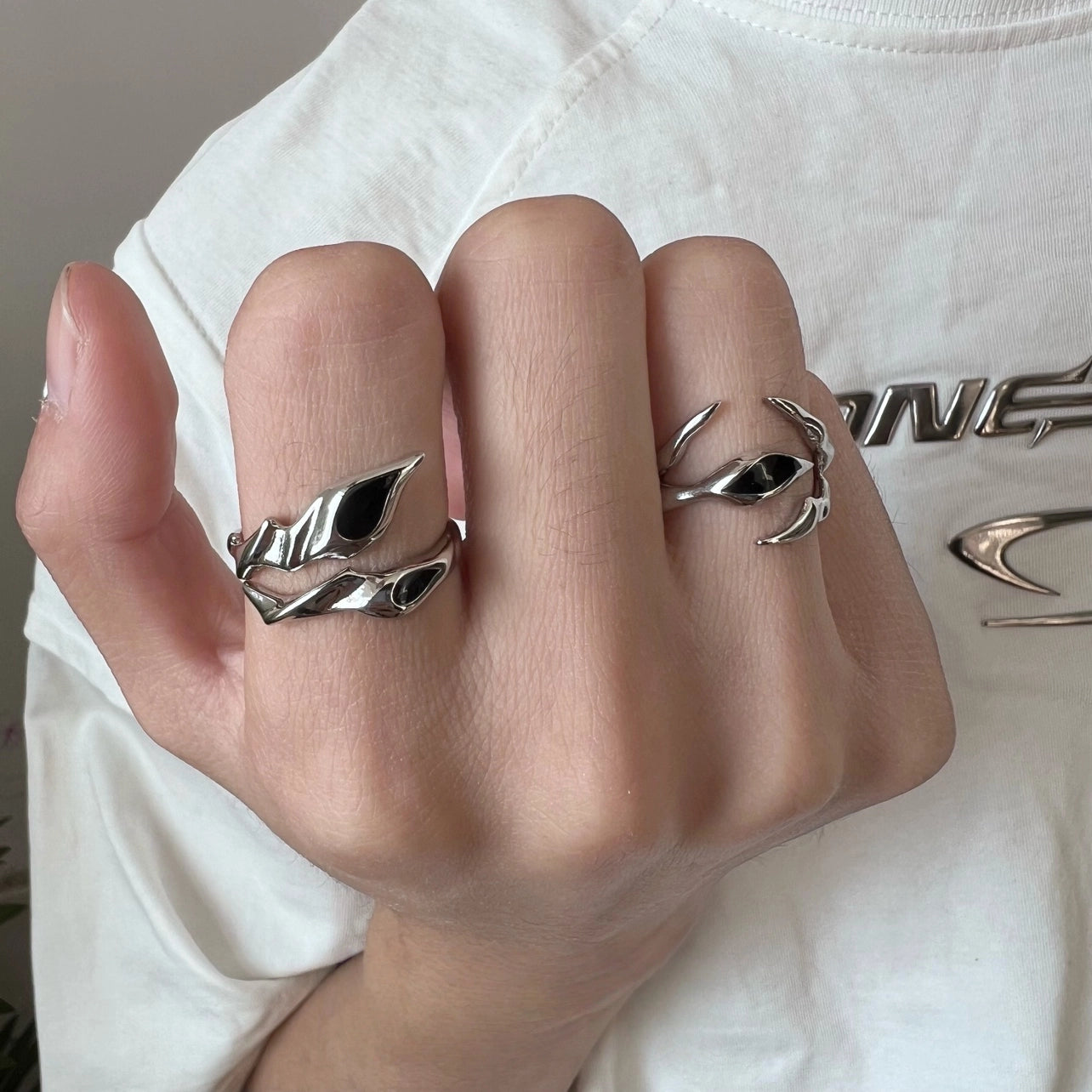 Irregular Shaped Black Gemstone Metal Ring