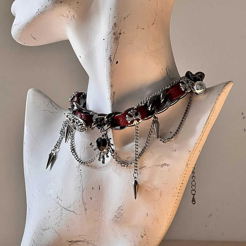 Y2K Wrap Studded Metal Leather Necklace