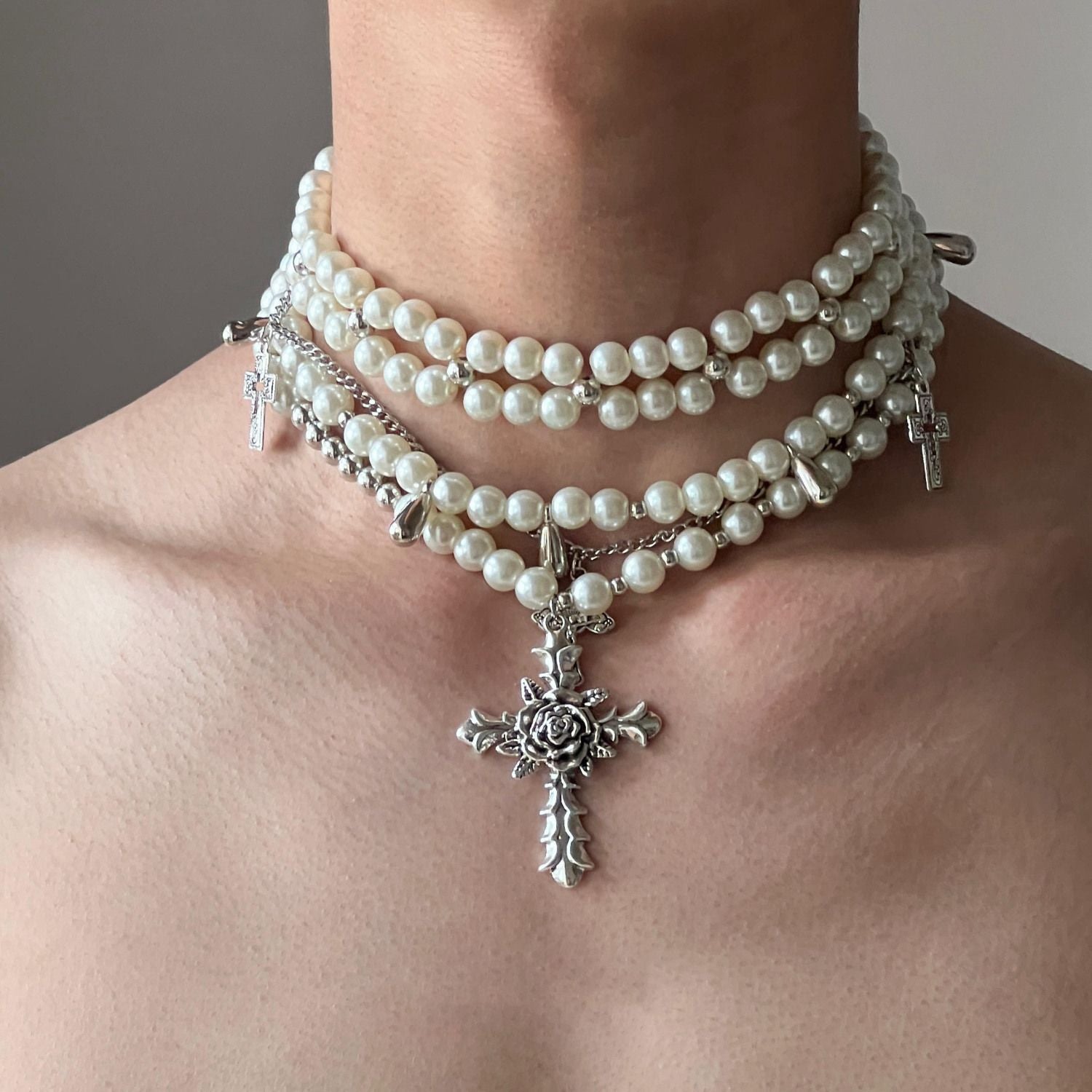 Pearl Layered Cross Necklace