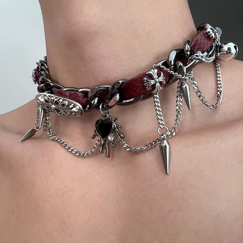 Y2K Wrap Studded Metal Leather Necklace