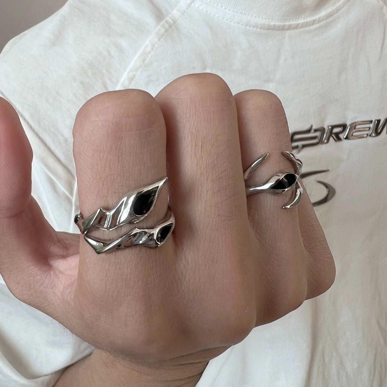 Irregular Shaped Black Gemstone Metal Ring