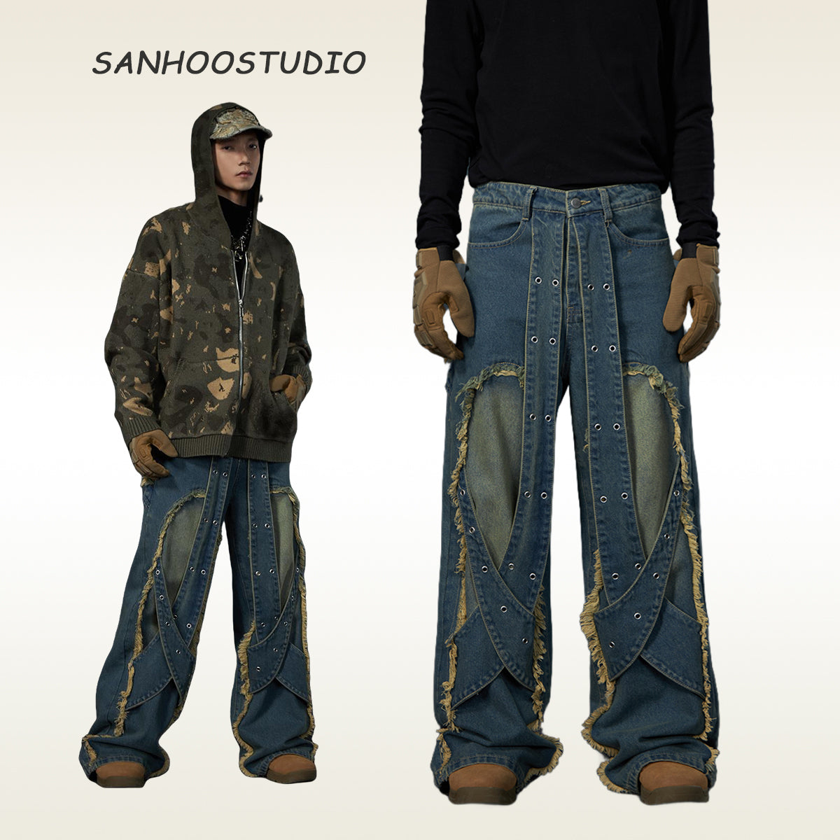 These Sanhoostudio jeans feature heavy deconstruction with strap patchwork, raw edges, and a vintage washed finish. Their oversized straight-leg silhouette adds a rugged, rebellious feel, blending avant-garde design with high street attitude.