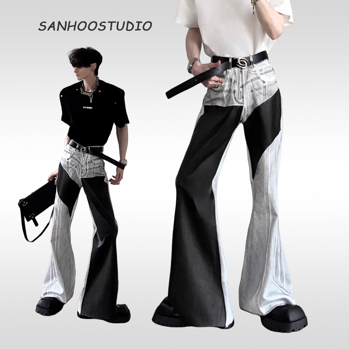 The Sanhoostudio distressed off-white jeans combine premium leather patchwork with a subtle flared cut. Their faded finish adds a rugged vintage vibe, while the unique detailing enhances versatility, making them a must-have for bold, high-fashion urban wardrobes.