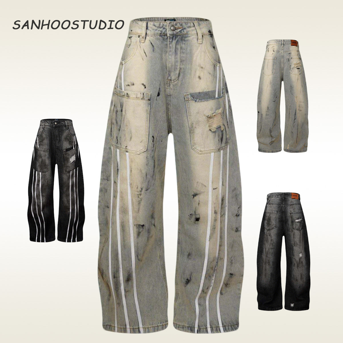 These dirty-dyed washed jeans feature bold stripe accents, multiple utility pockets, and a vintage worn-in finish. With a loose, streetwear-inspired fit, they’re perfect for creating a rugged, edgy look. Ideal for urban and grunge fashion lovers.
