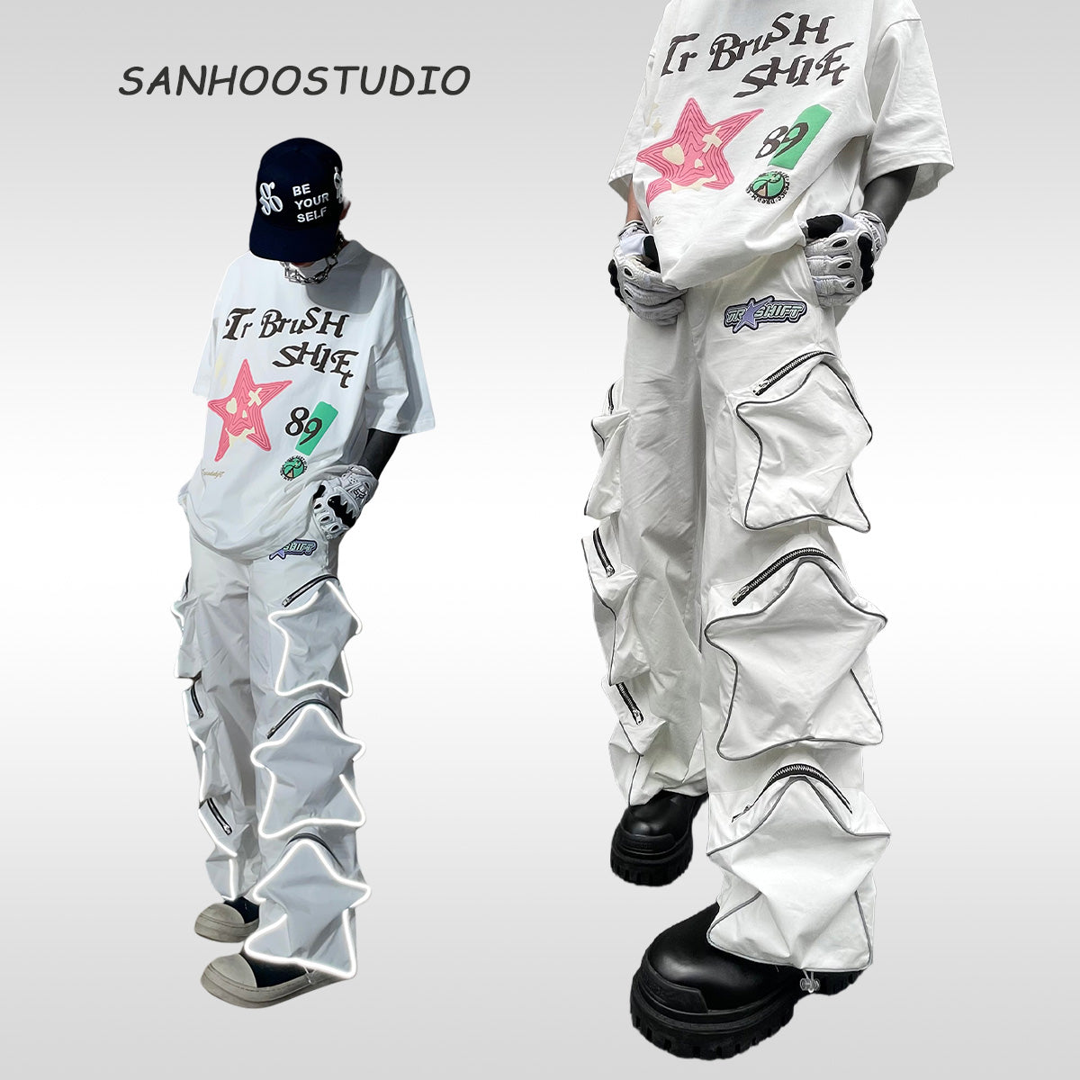 These reflective cargo pants from Sanhoostudio feature 3D star patches and bold avant-garde styling. The oversized fit and dark aesthetic make them ideal for nightwear, performance looks, or urban outfits, blending futuristic energy with functional streetwear practicality.