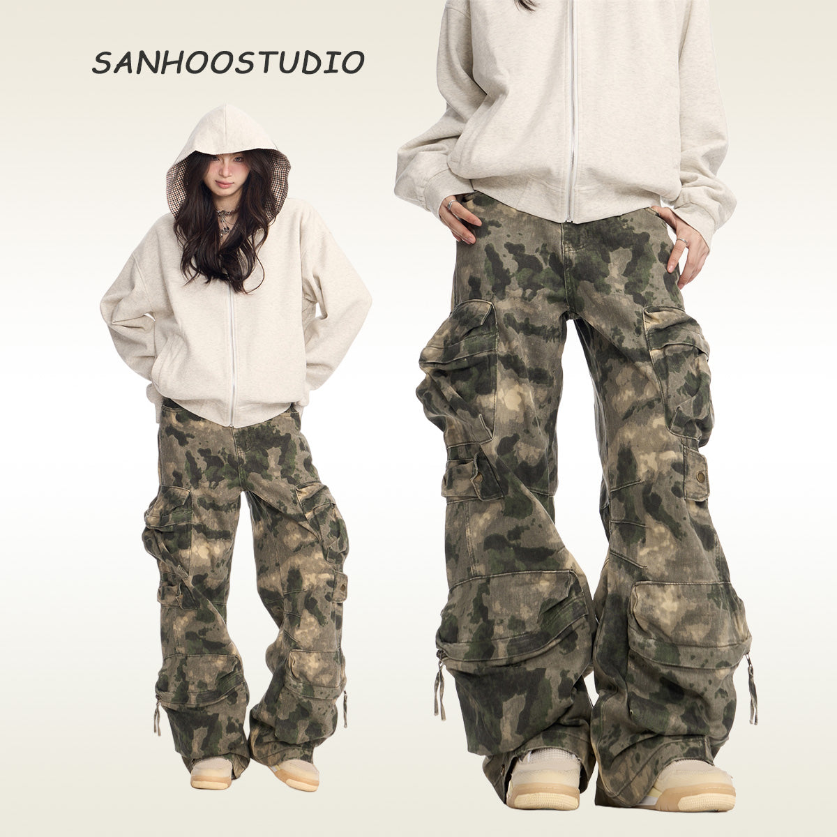 The Sanhoostudio camouflage cargo pants embrace military-inspired ruggedness with a modern wide-leg silhouette. Featuring multiple functional pockets and a comfortable loose fit, they’re designed for everyday wear while keeping a bold retro-meets-streetwear appeal.