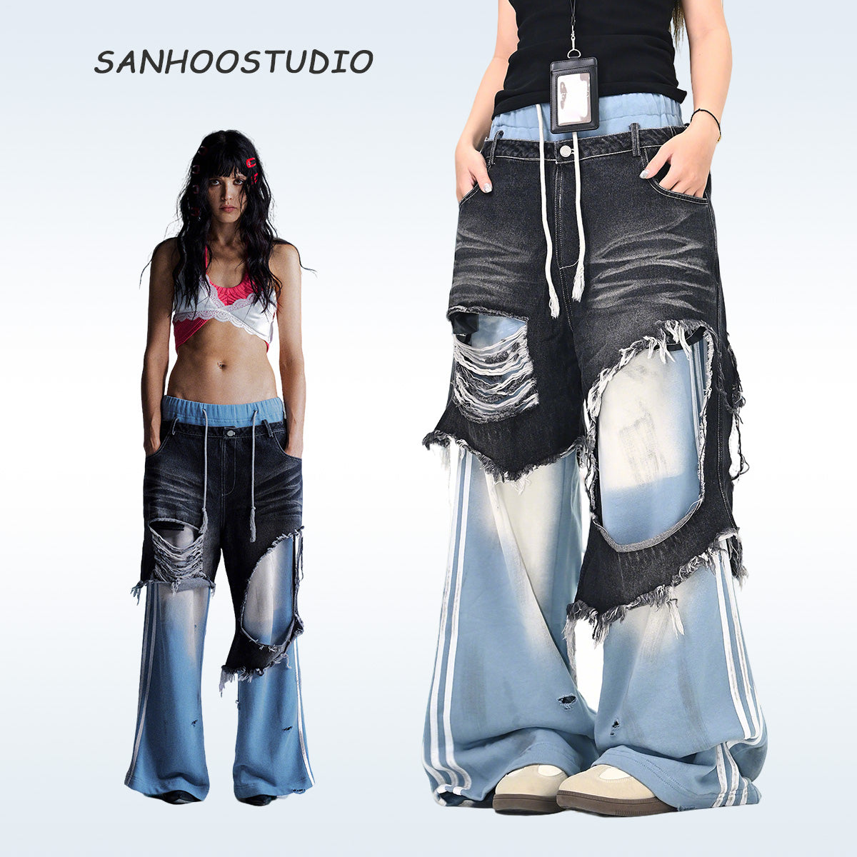 Fake Two-piece Contrast Color Stitching Ripped Jeans