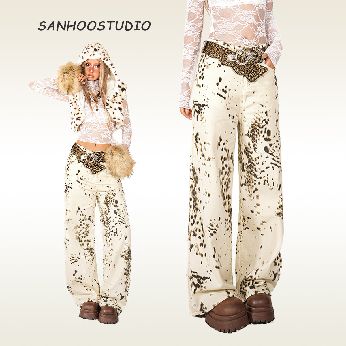 【25s Sep.】Vintage Snow Leopard Print Straight-Leg Jeans