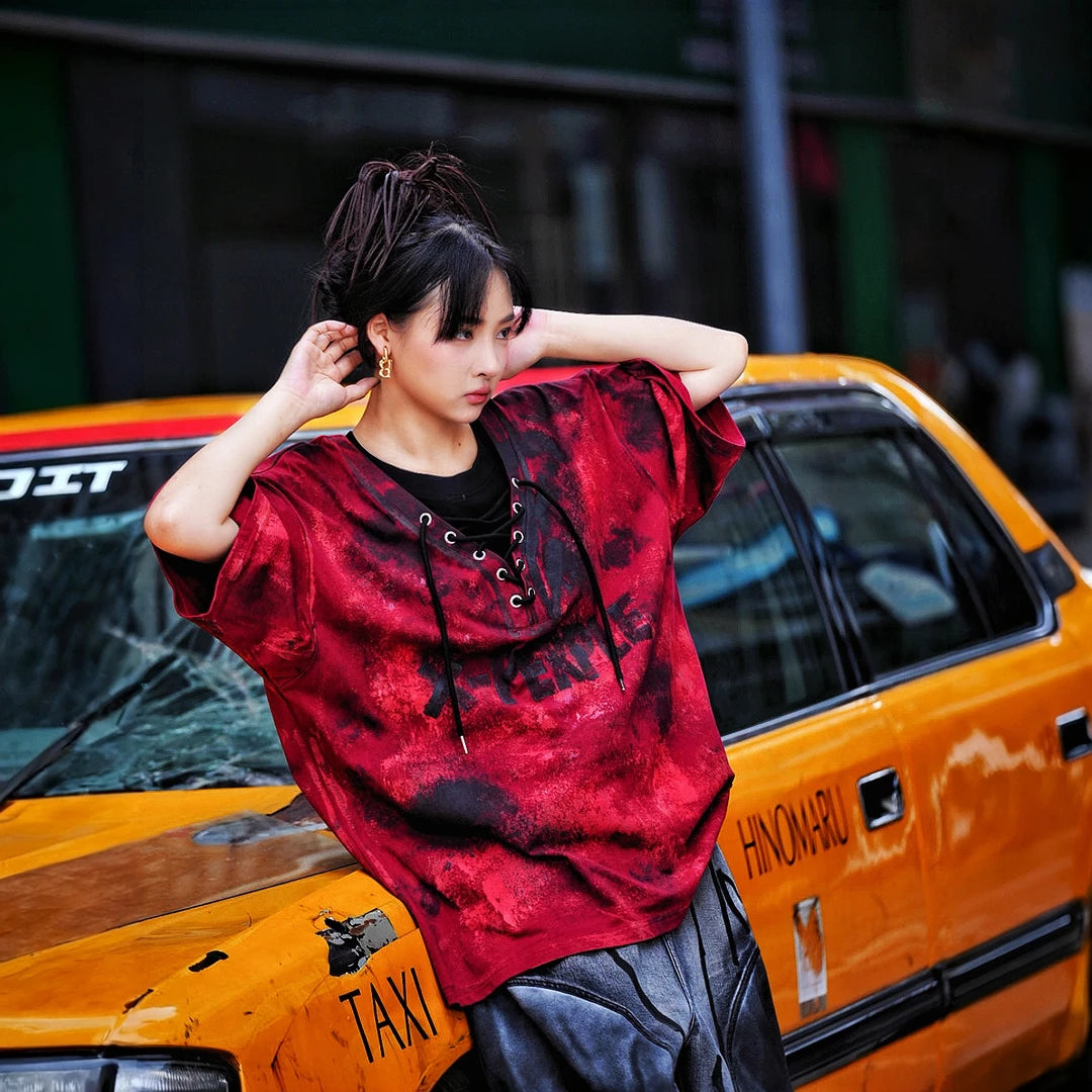 Sanhoostudio short sleeve T-shirt featuring hand painted artwork, patchwork detailing, and oversized fit silhouette. Designed for standout streetwear styling with breathable comfort and relaxed everyday wear.