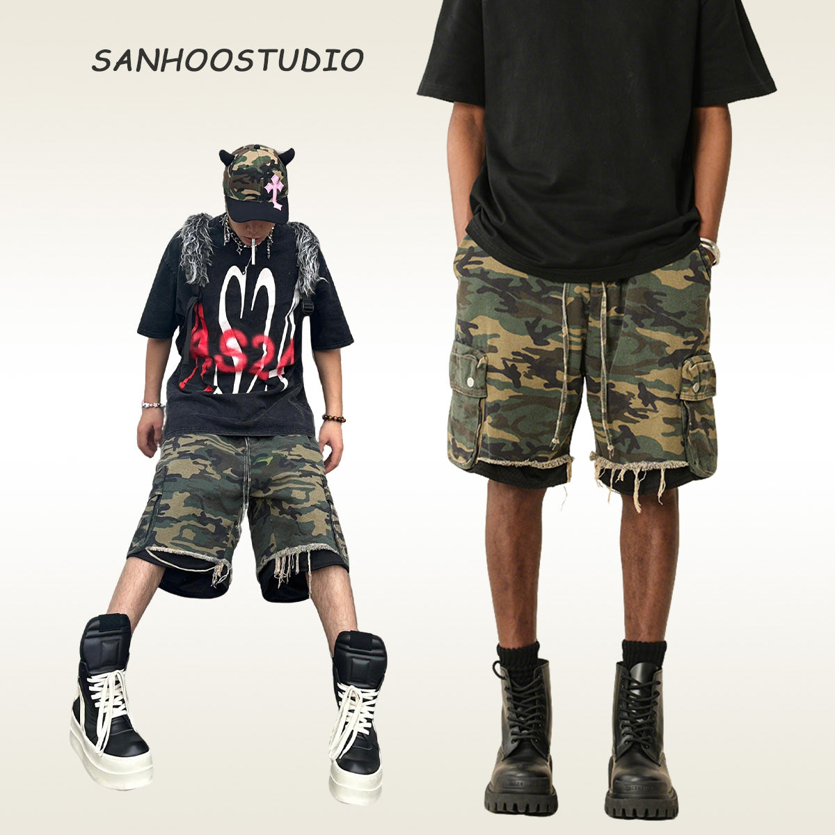 【25s Aug.】Vintage Washed Camo Cargo Shorts
