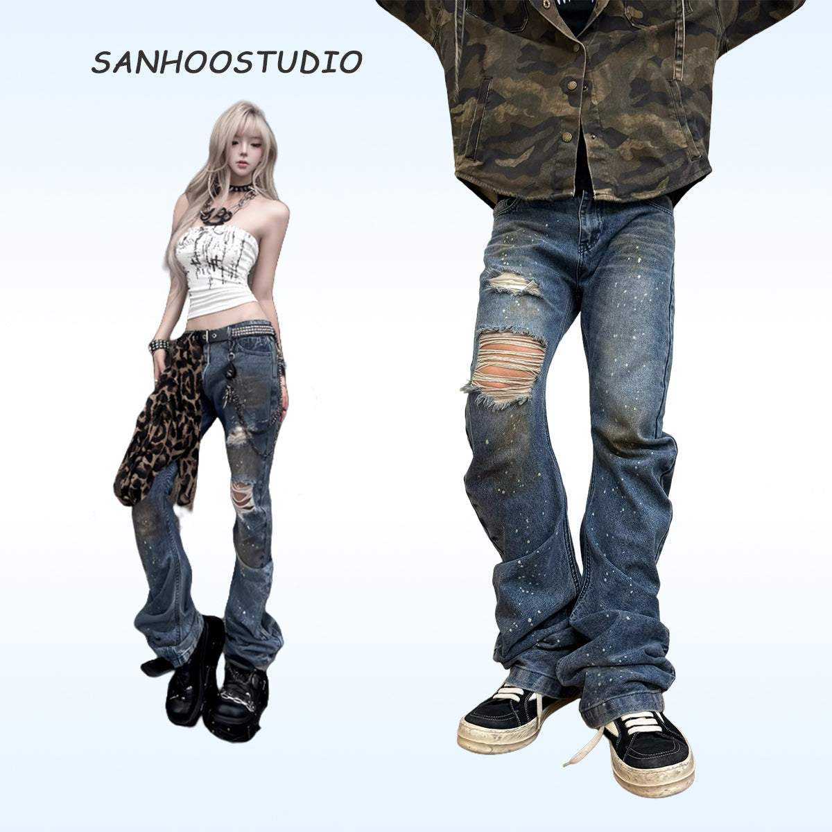 These blade-cut jeans by Sanhoostudio combine a heavy mud-dye wash, pleated textures, and distressed craftsmanship to create a futuristic yet rugged aesthetic. Perfect for grunge-inspired styling, high street fashion, or unique streetwear looks, they deliver both edge and originality.