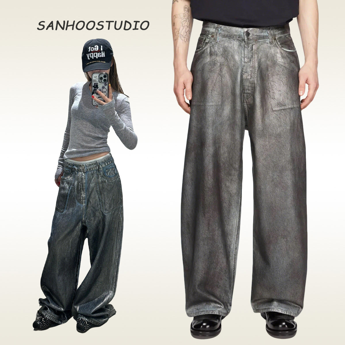 Shop the Coated Distressed Washed Denim Jeans at sanhoostudio. Featuring a unique coated finish, vintage distressed details, and soft washed denim fabric for ultimate comfort and style. Perfect for streetwear lovers seeking edgy, timeless denim.