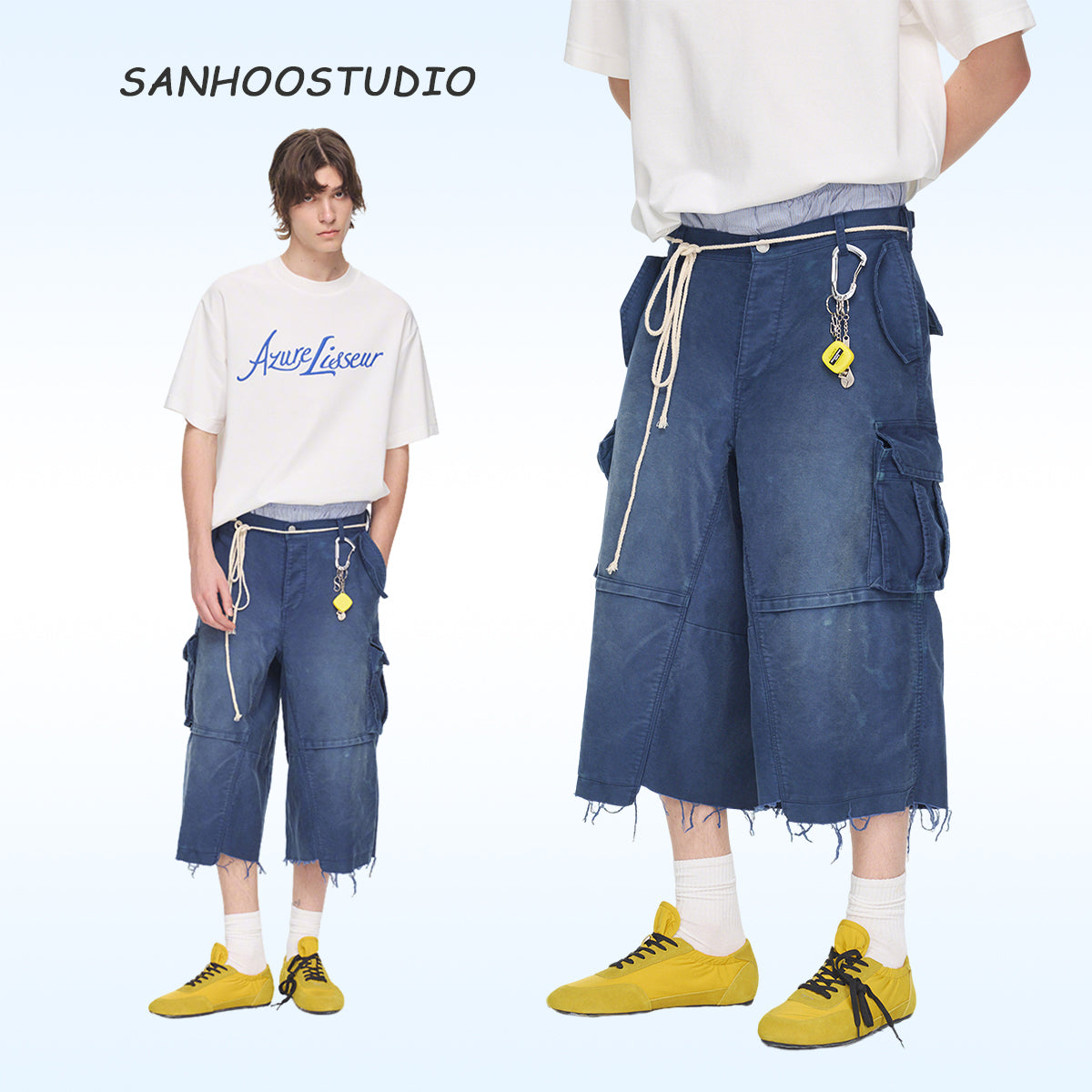 【25s Sep.】Washed Distressed Mole-Skin Cropped Cargo Pants