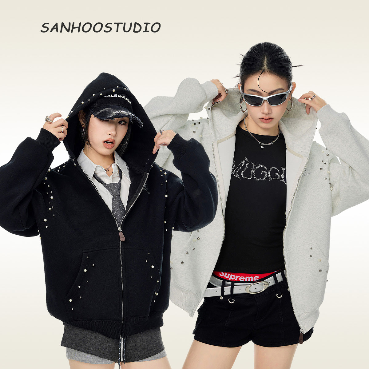 【25s Sep.】Vintage Pearl Detail Oversized Hoodie