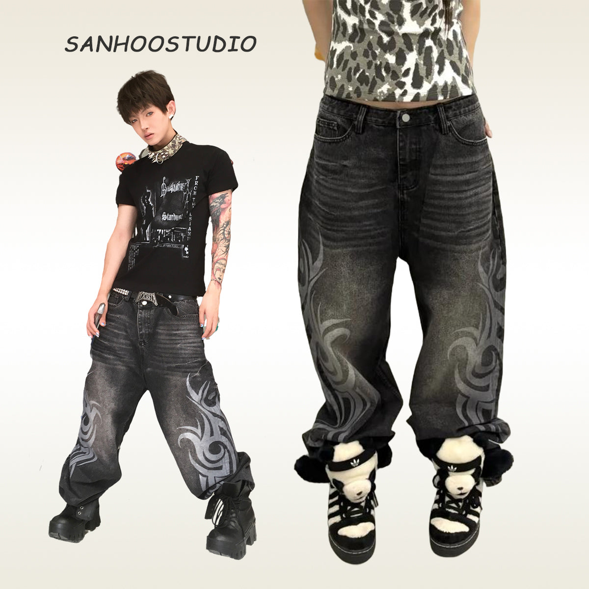 These Sanhoostudio jeans showcase bold totem rune prints across a wide-leg straight cut. The oversized fit and retro wash add cultural inspiration to streetwear, making them a unique fashion-forward piece.