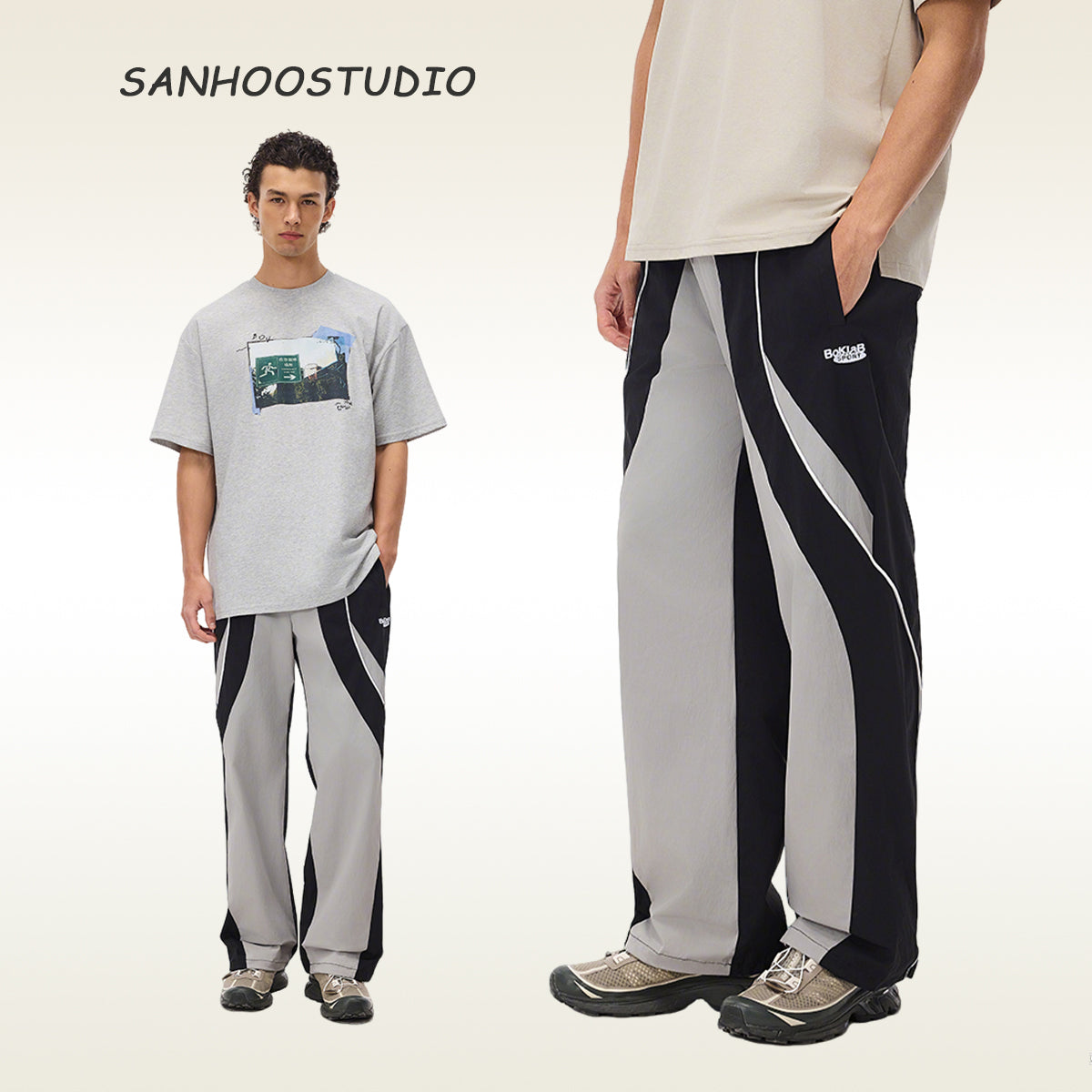 These vintage-inspired lightweight sport pants from Sanhoostudio feature a water-resistant finish and relaxed fit. Perfect for casual outings or streetwear looks with a retro athletic twist.