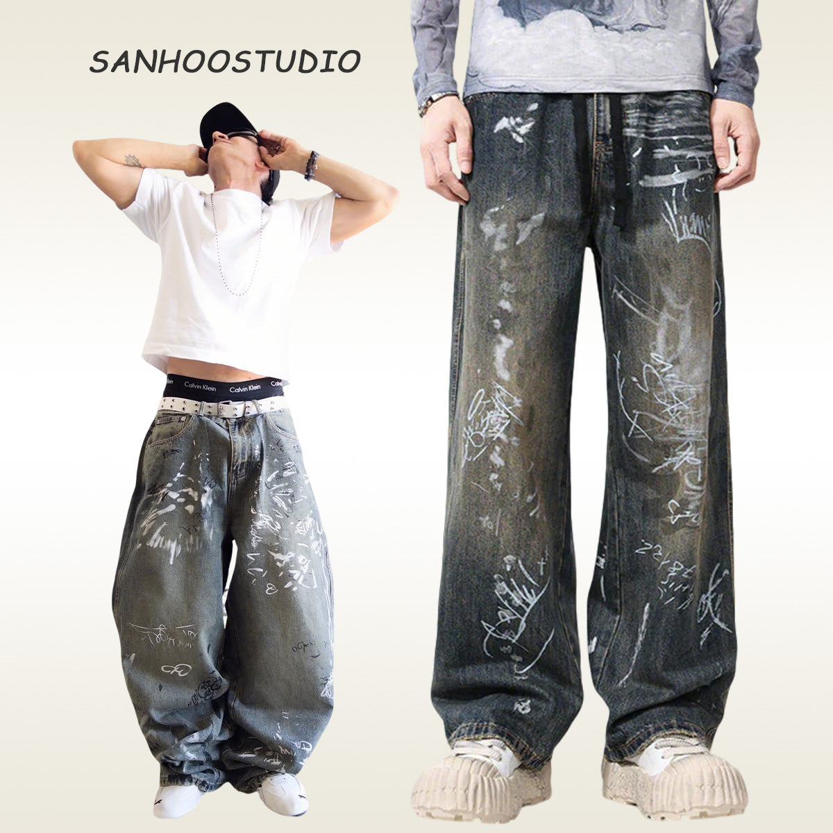 Graffiti Print Straight Wide Leg Jeans