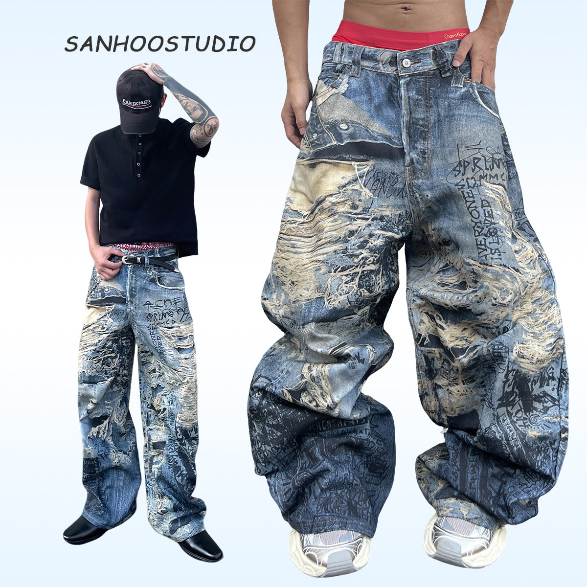 Ripped 3D digital printed jeans