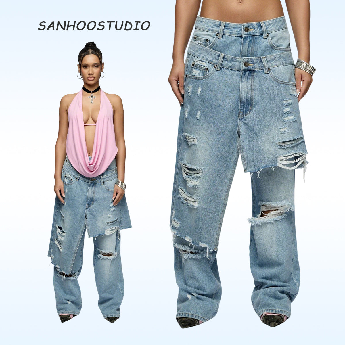 Upgrade your streetwear with the Loose Ripped High-Street Denim Jeans from Sanhoostudio. Designed with a relaxed fit and stylish distressed details, these jeans offer maximum comfort while keeping you effortlessly trendy. Perfect for casual outings and urban fashion looks.