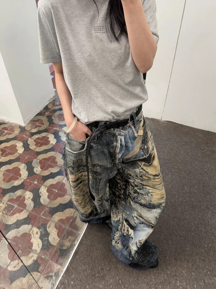 Ripped 3D digital printed jeans