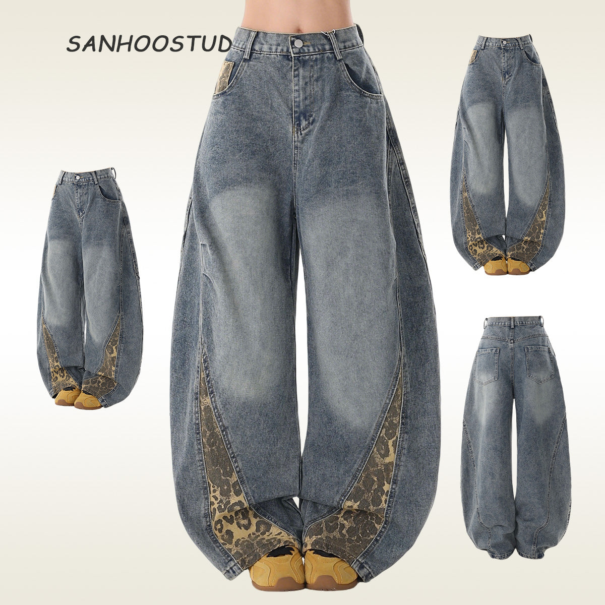 Vintage Leopard Print Washed Loose Jeans