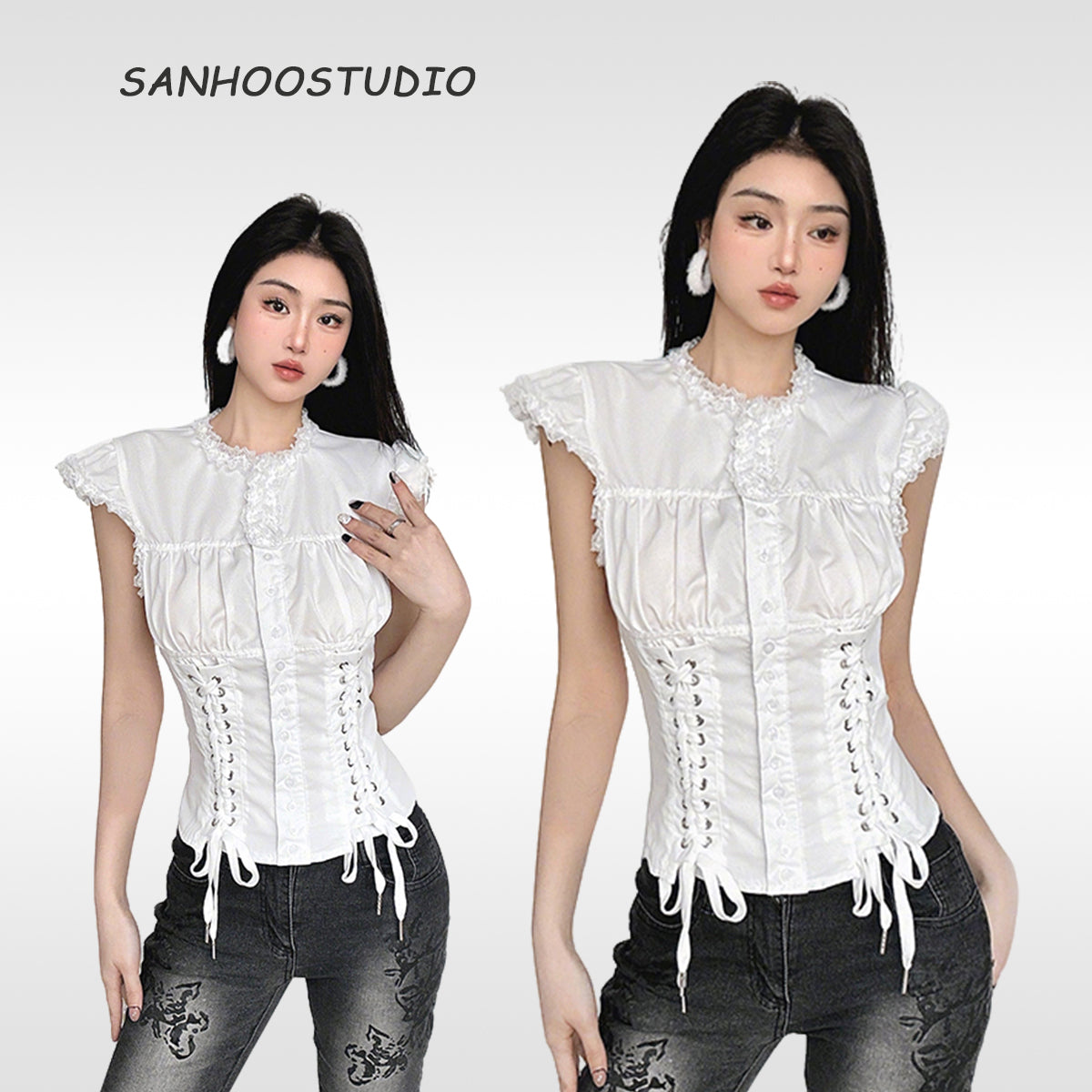 Sanhoostudio’s lace-up slim waist T-shirt offers a unique deconstructed silhouette with lace detail, blending feminine charm with edgy streetwear. A stylish choice for standout urban looks.
