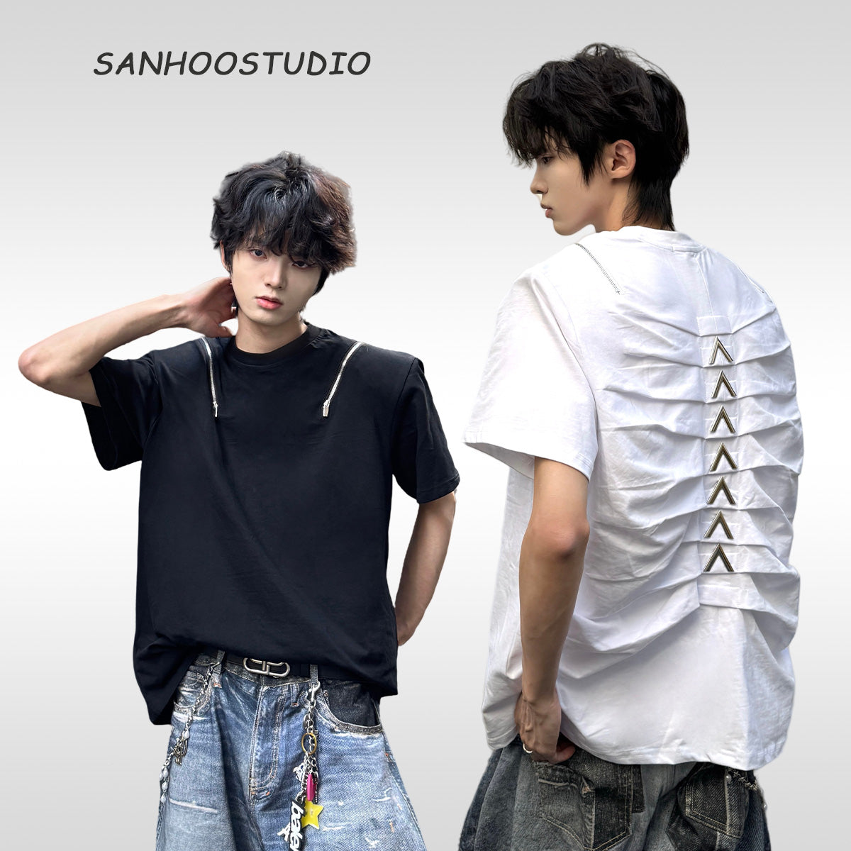 Designed by Sanhoostudio, this T-shirt features spine-inspired metallic pleats paired with structured shoulder pads for a futuristic silhouette. Its innovative design and premium construction highlight an avant-garde streetwear vibe, balancing comfort with standout style for bold everyday looks.