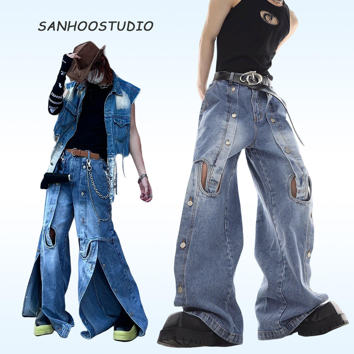 Button Detail Straight-Leg Ripped Wide-Leg Pants