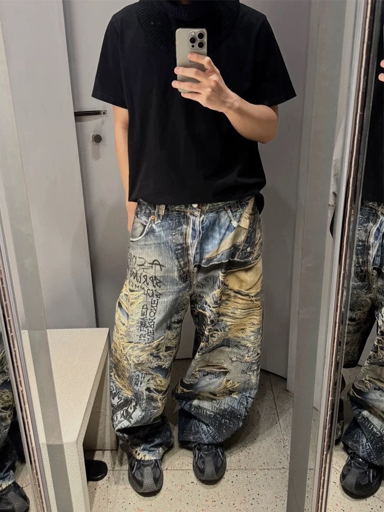 Ripped 3D digital printed jeans