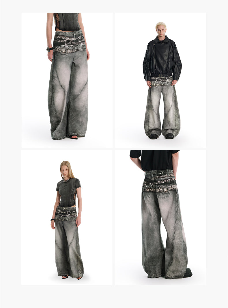 【25s Sep.】Vintage Belt Print Loose Scythe-Cut Jeans