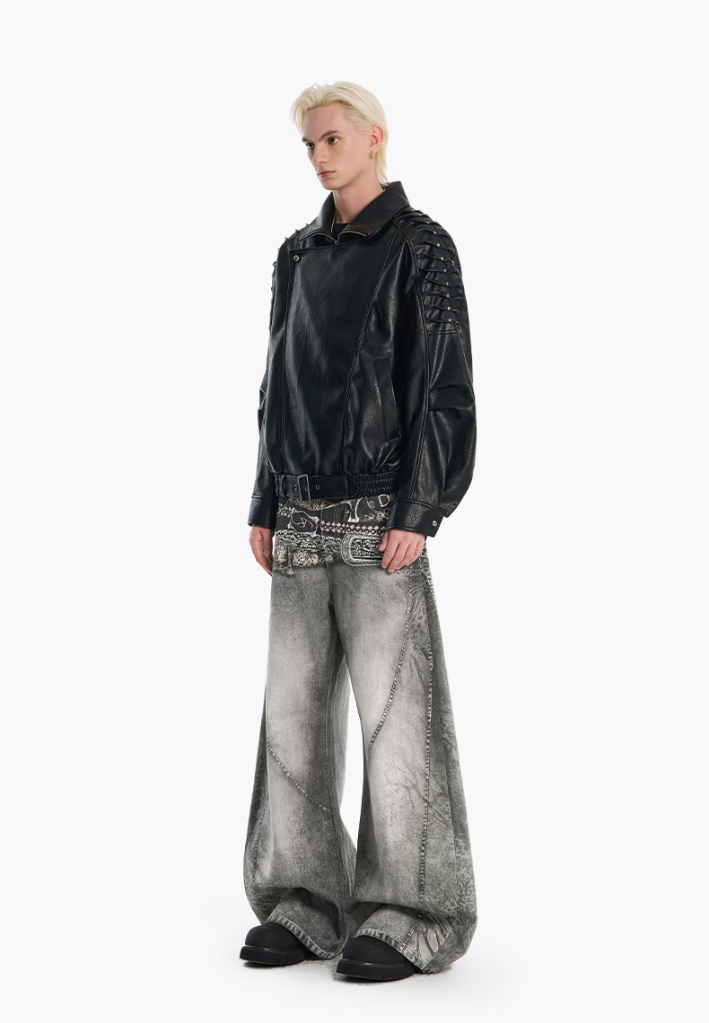 【25s Sep.】Vintage Belt Print Loose Scythe-Cut Jeans