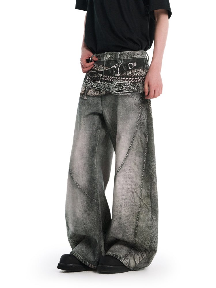 【25s Sep.】Vintage Belt Print Loose Scythe-Cut Jeans