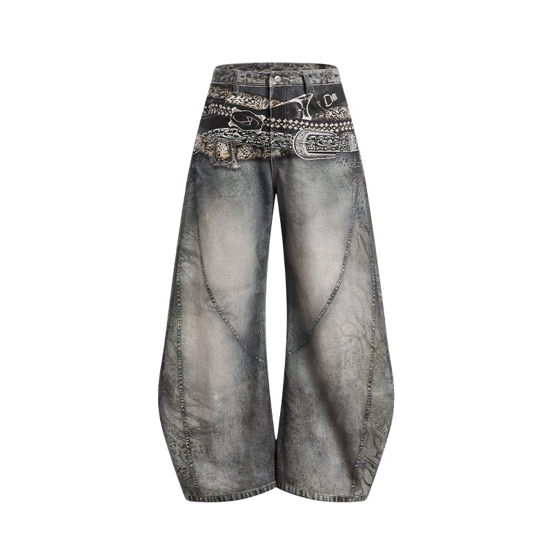 【25s Sep.】Vintage Belt Print Loose Scythe-Cut Jeans