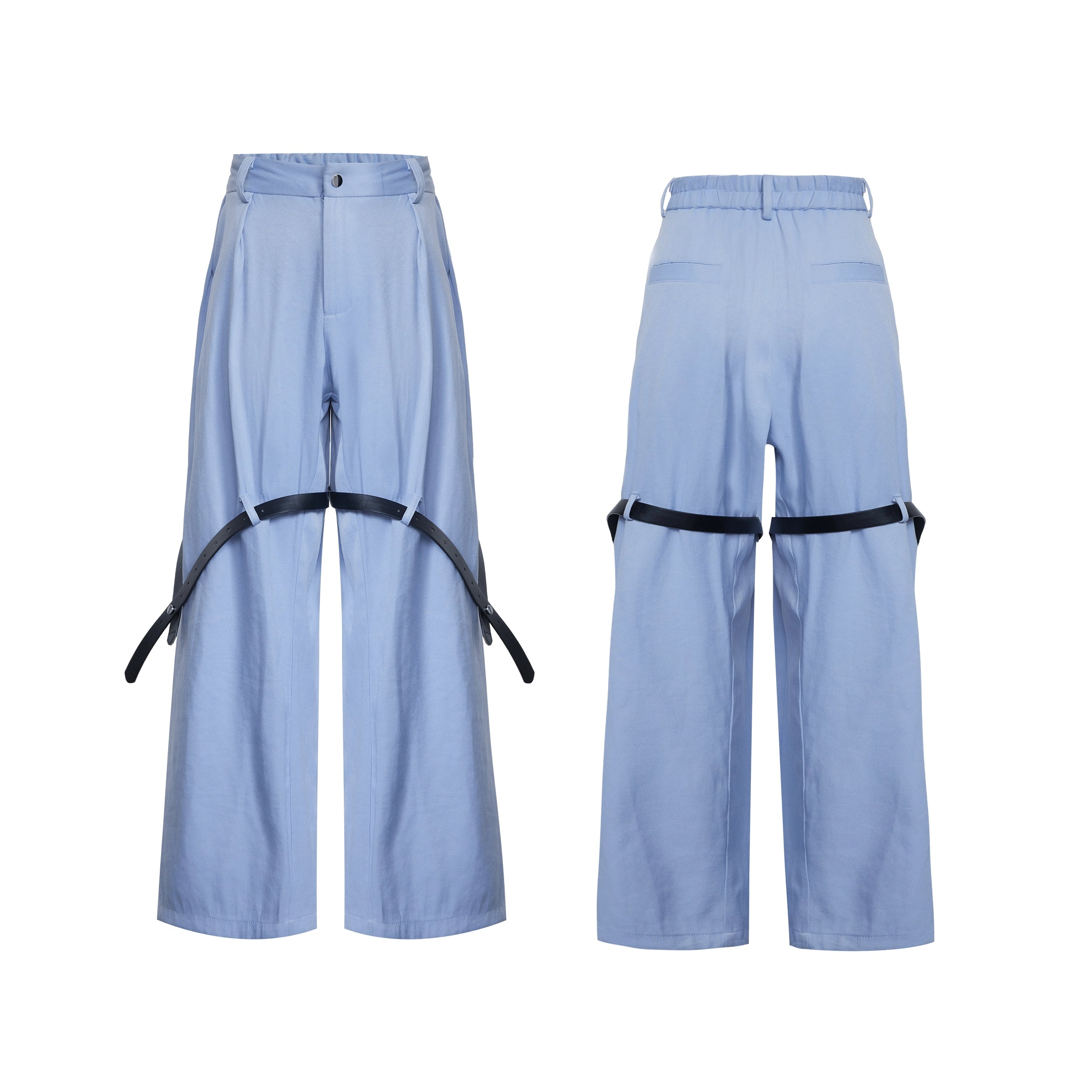 The Sanhoostudio twill textured pants showcase structured tailoring with unique belt-inspired patchwork. Combining minimalism with avant-garde detailing, they bring an elevated urban aesthetic to both casual and semi-formal styling.