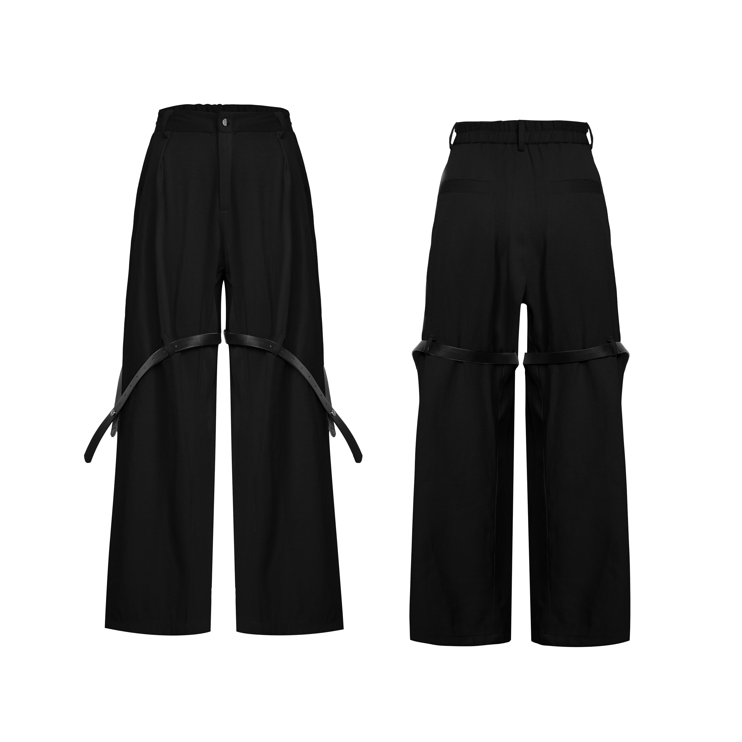 The Sanhoostudio twill textured pants showcase structured tailoring with unique belt-inspired patchwork. Combining minimalism with avant-garde detailing, they bring an elevated urban aesthetic to both casual and semi-formal styling.