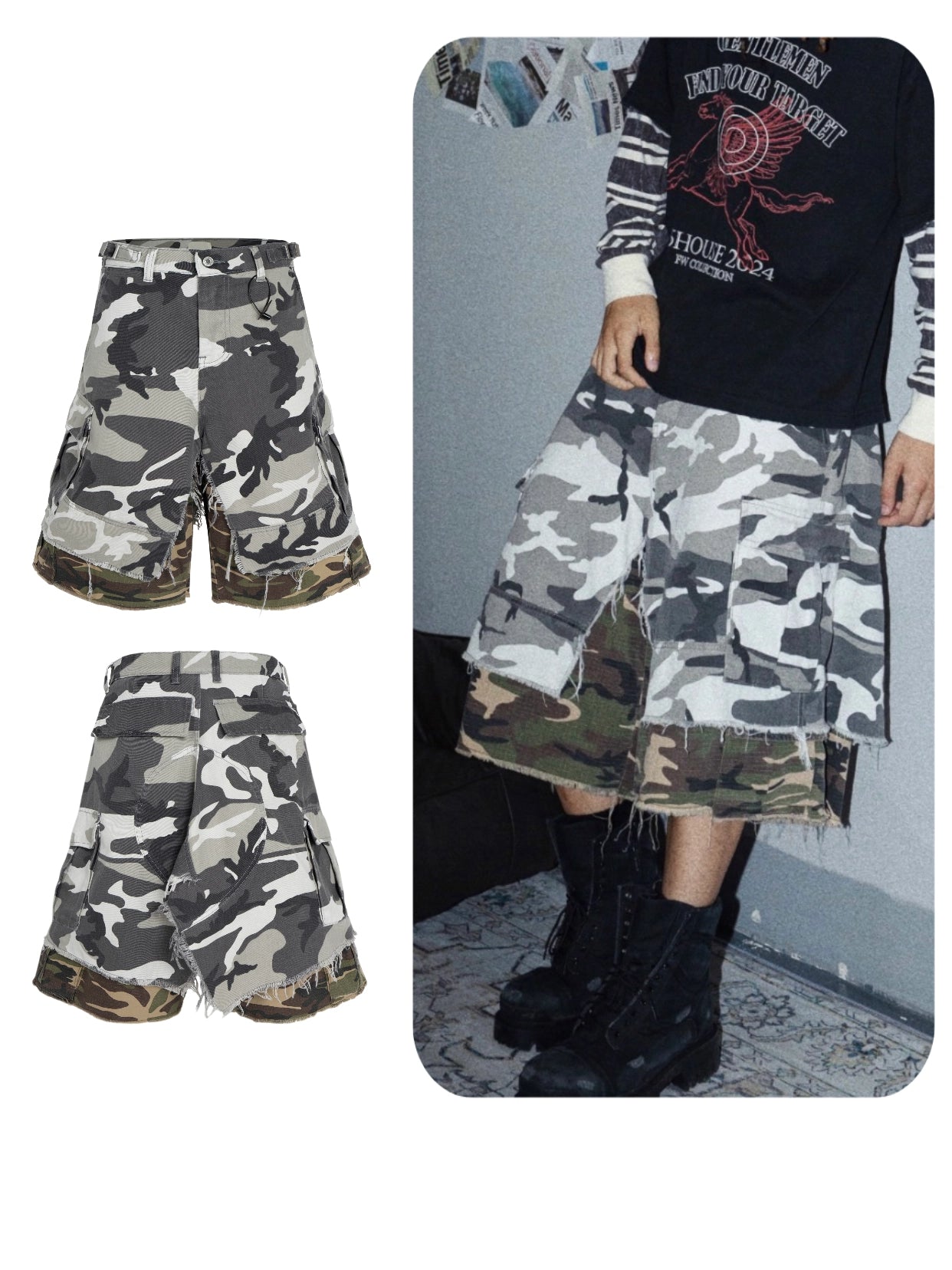 These Sanhoostudio camouflage shorts feature a layered fake two-piece design with a relaxed oversized silhouette and fringe detailing. Combining military ruggedness with deconstructed streetwear aesthetics, they stand out in everyday styling.