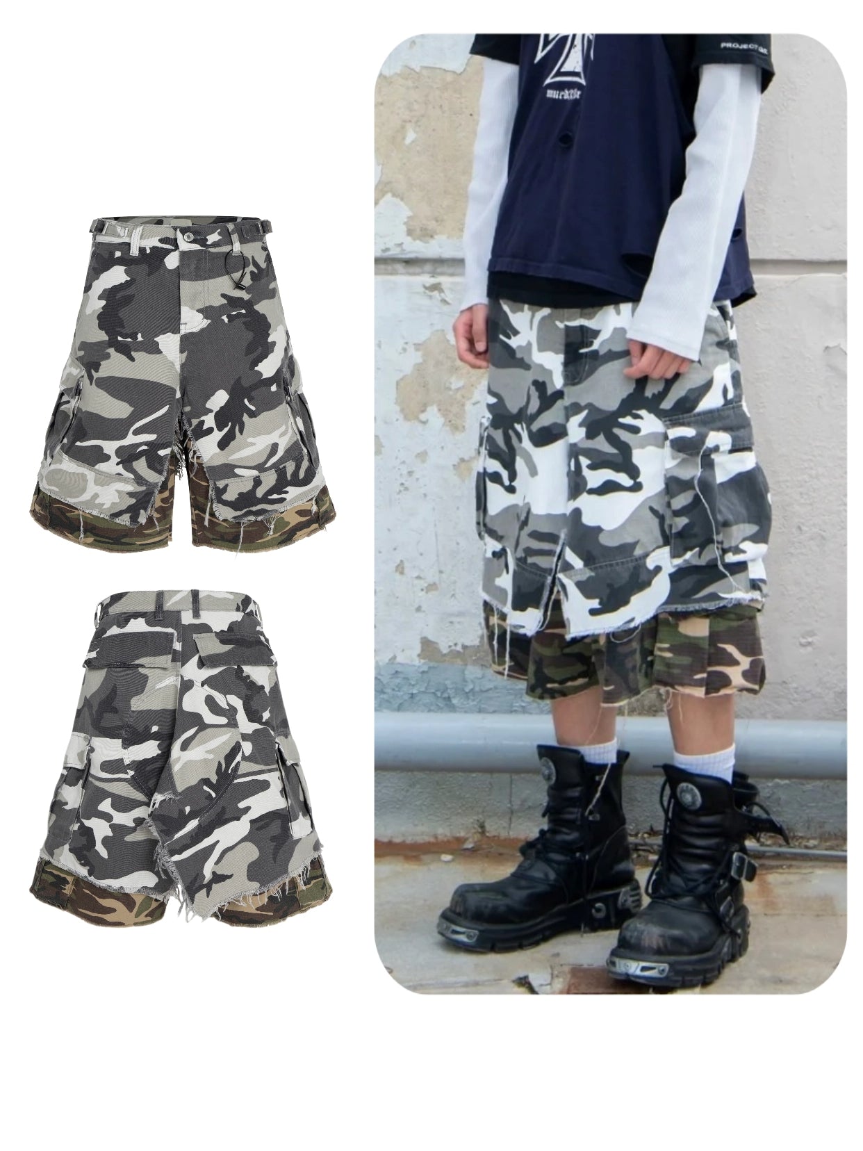 These Sanhoostudio camouflage shorts feature a layered fake two-piece design with a relaxed oversized silhouette and fringe detailing. Combining military ruggedness with deconstructed streetwear aesthetics, they stand out in everyday styling.