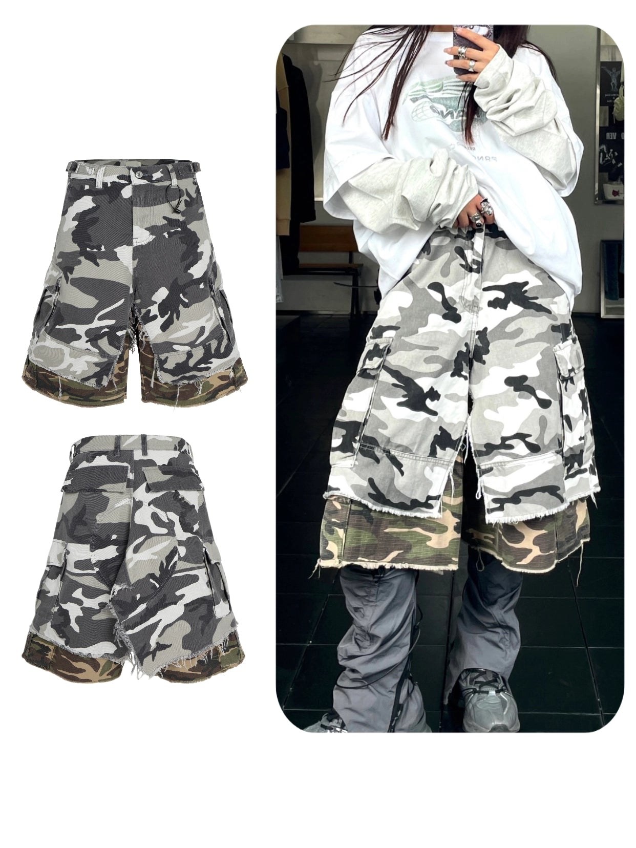 These Sanhoostudio camouflage shorts feature a layered fake two-piece design with a relaxed oversized silhouette and fringe detailing. Combining military ruggedness with deconstructed streetwear aesthetics, they stand out in everyday styling.