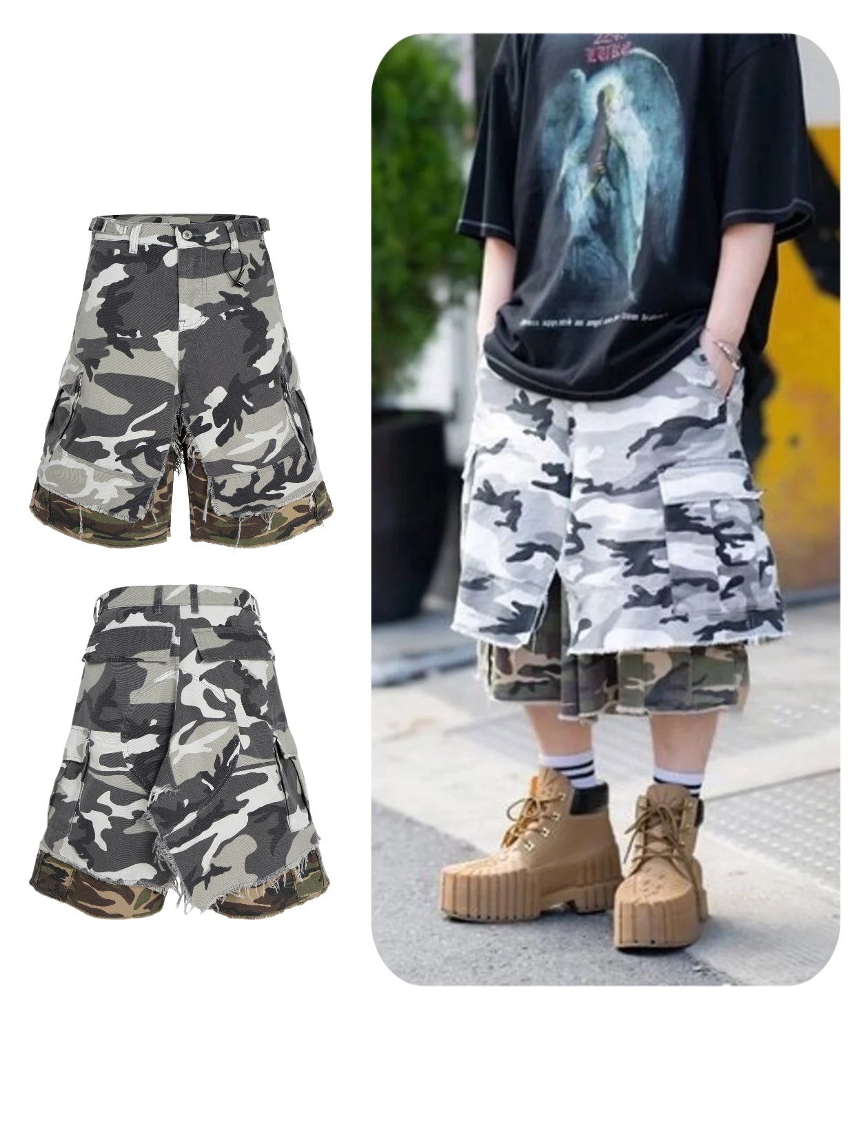 These Sanhoostudio camouflage shorts feature a layered fake two-piece design with a relaxed oversized silhouette and fringe detailing. Combining military ruggedness with deconstructed streetwear aesthetics, they stand out in everyday styling.