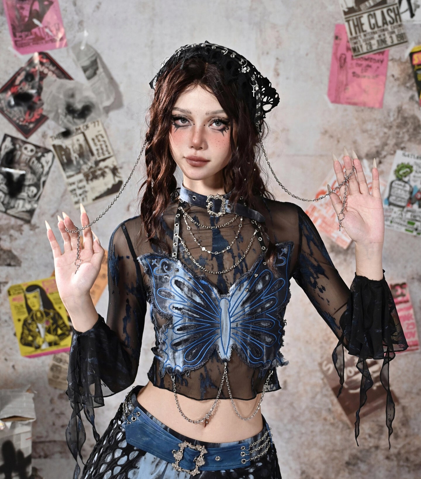 Punk Butterfly Chain Mesh Top Set