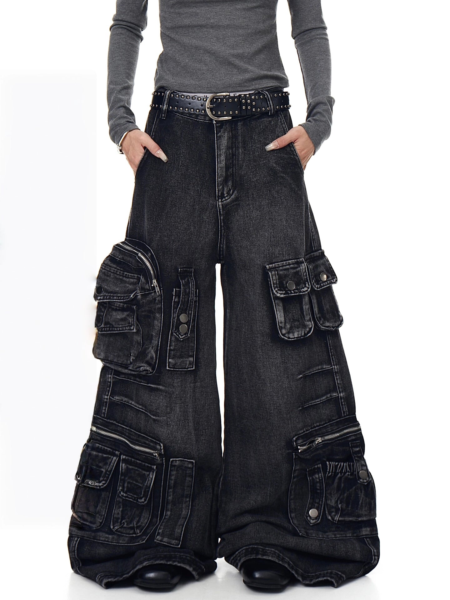 High Street Distressed Multi-Pocket Denim Cargo Pants