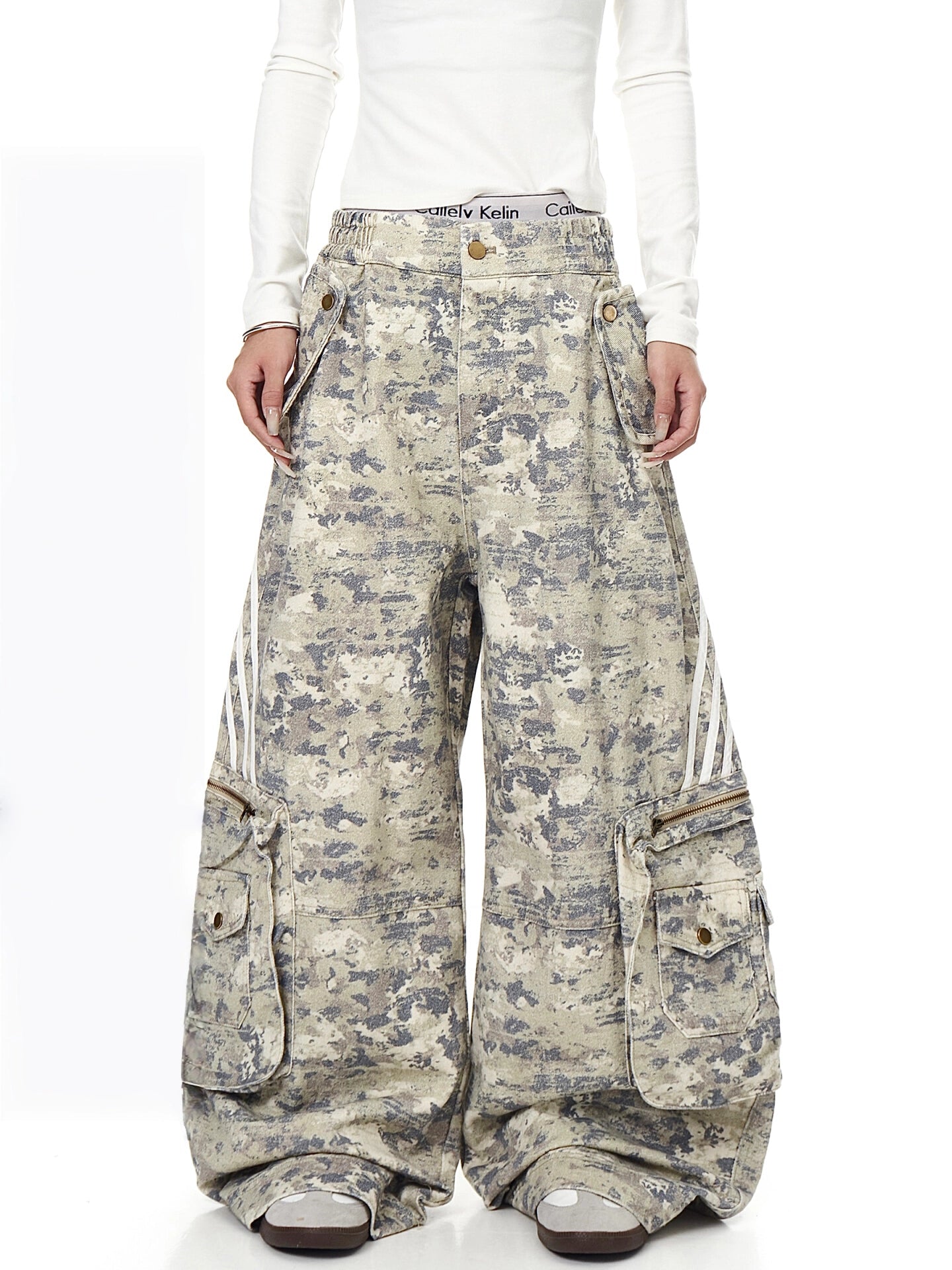 Vintage Striped Multi-Pocket Camo Cargo Pants
