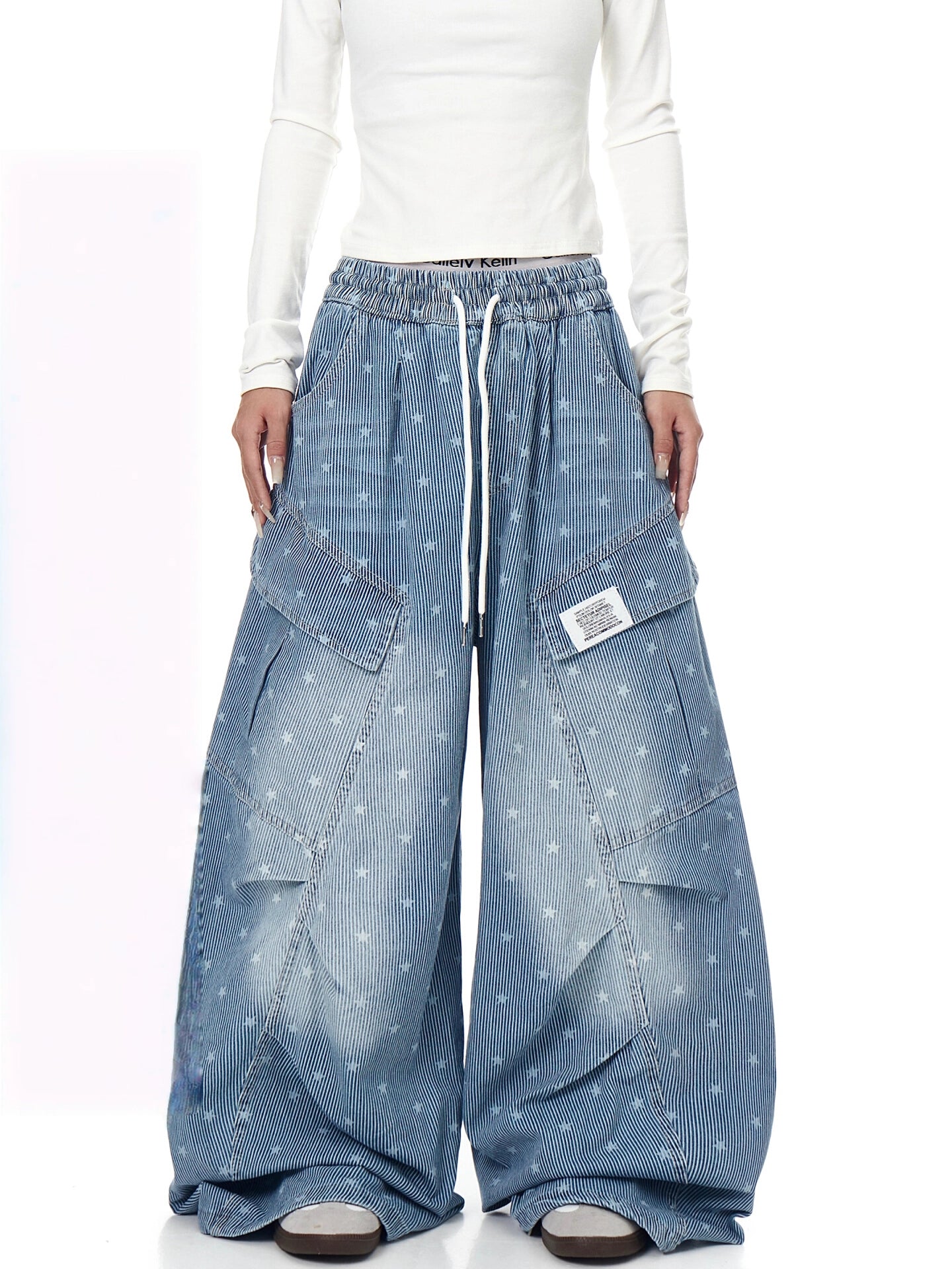 Vintage Star Print Striped Denim Pants