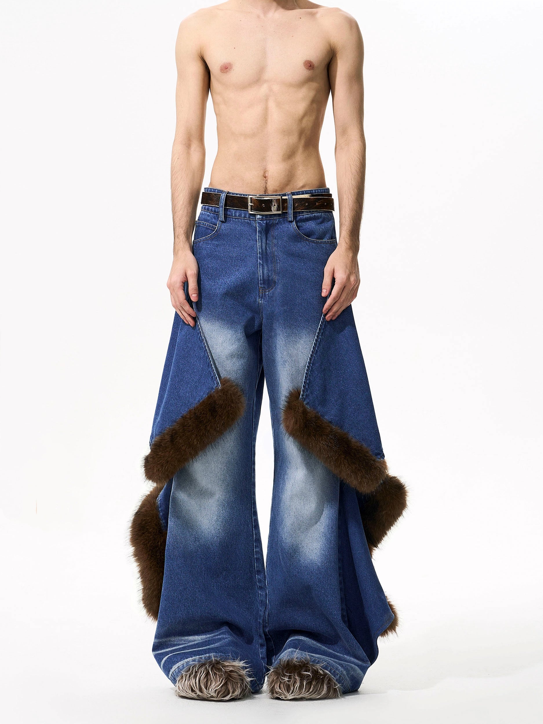Vintage Faux Fur Patchwork Denim Pants Set